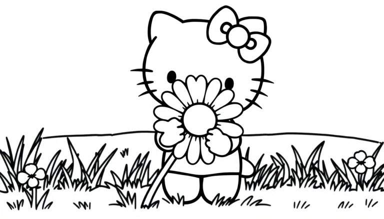 Hello Kitty holding a flower in a coloring panel.