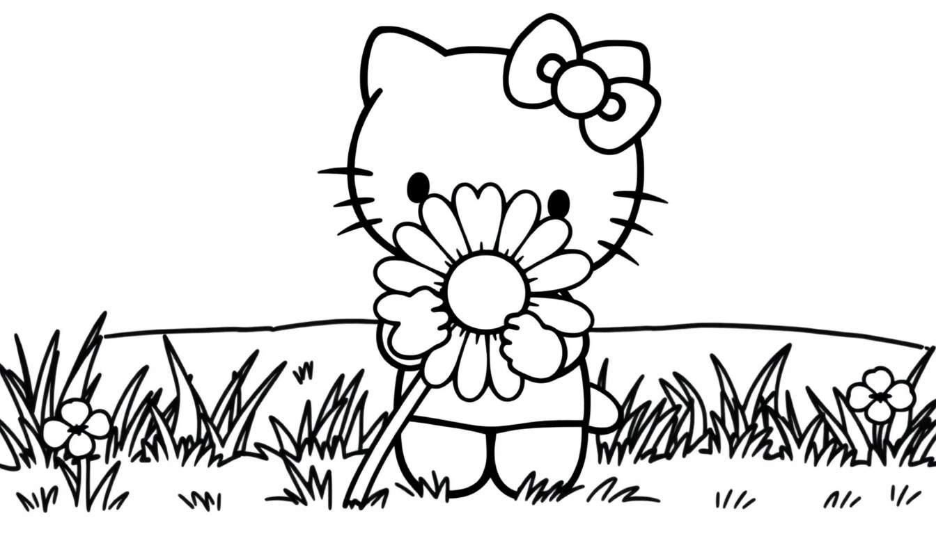 Hello Kitty holding a flower in a coloring panel.