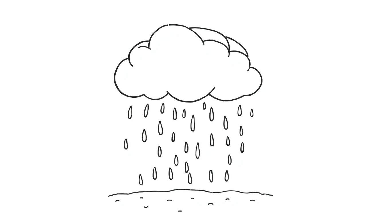A simple black and white drawing of a puffy rain cloud with raindrops falling onto a ground line.