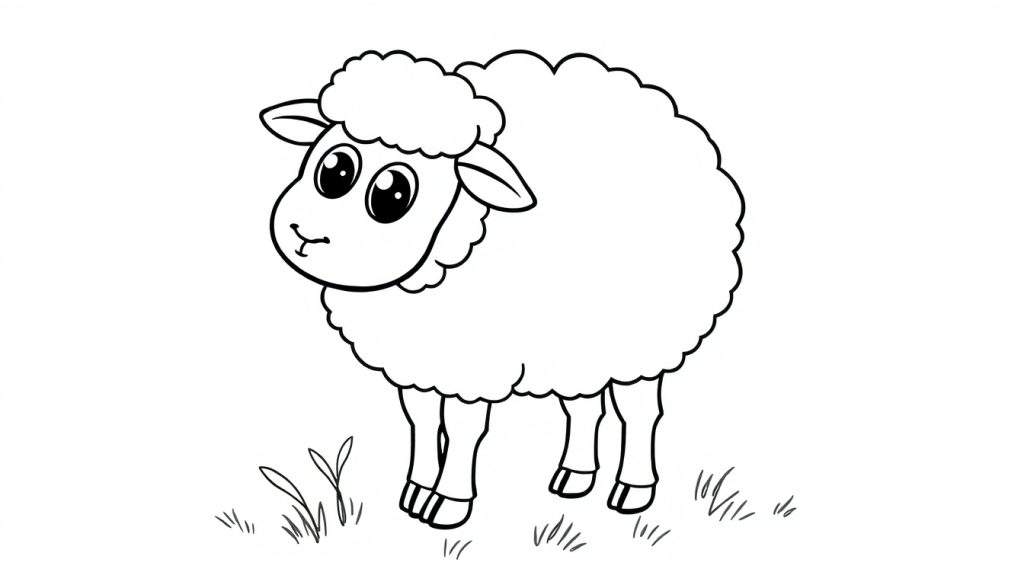 A black and white drawing of a fluffy sheep with big eyes, ready for coloring on a color panel.