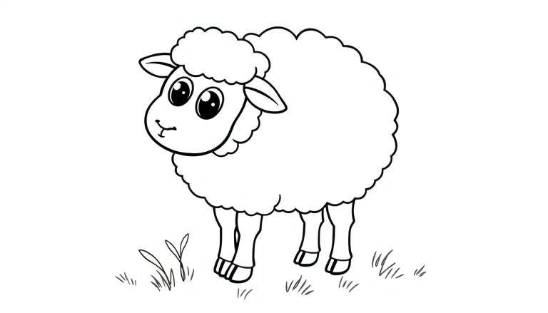 A black and white drawing of a fluffy sheep with big eyes, ready for coloring on a color panel.