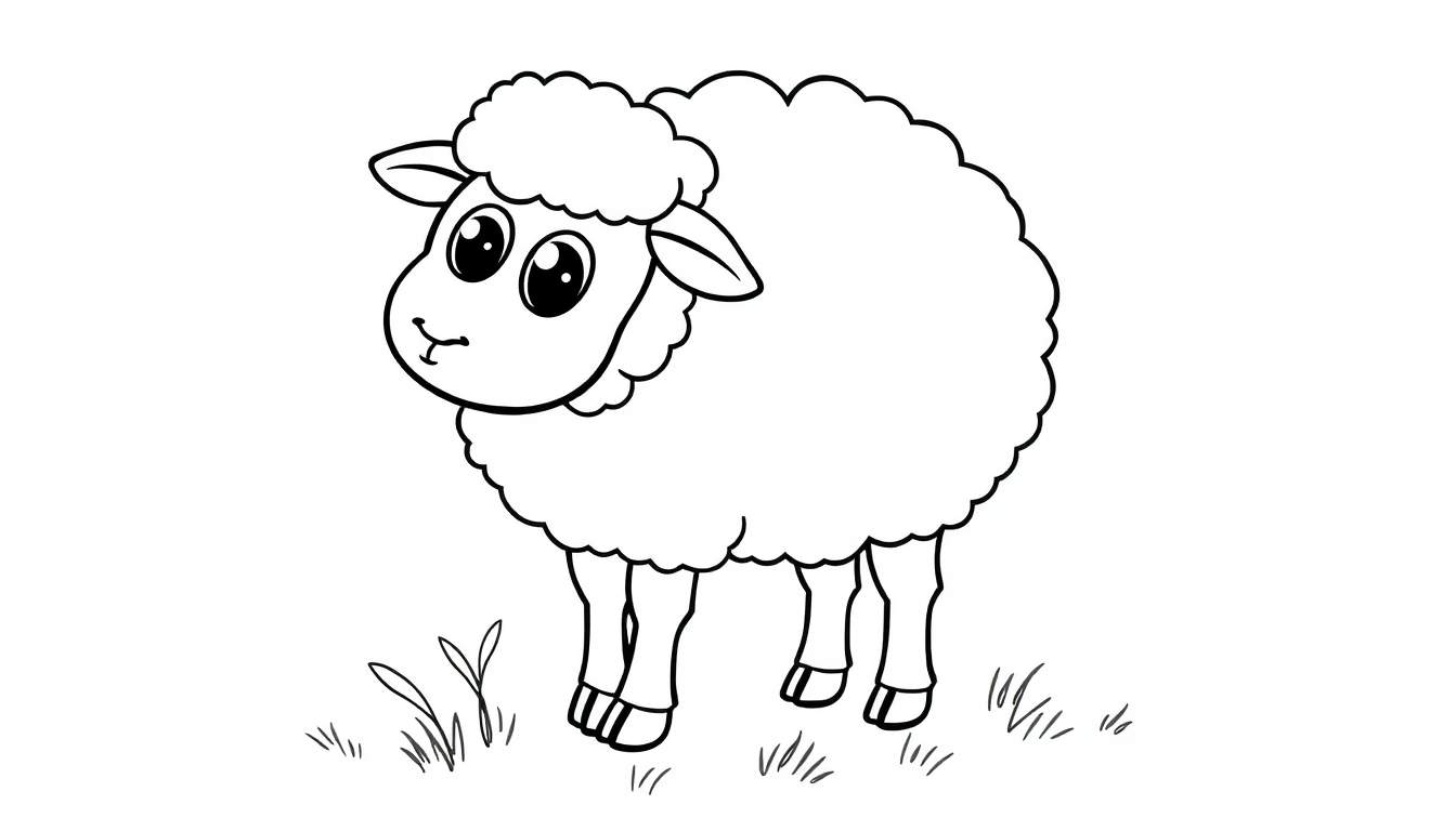 A black and white drawing of a fluffy sheep with big eyes, ready for coloring on a color panel.