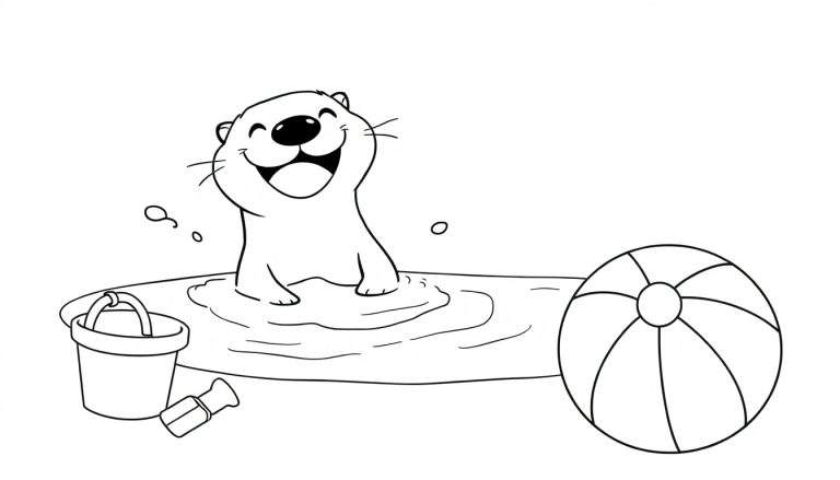 A happy otter playing with beach toys in a color panel.
