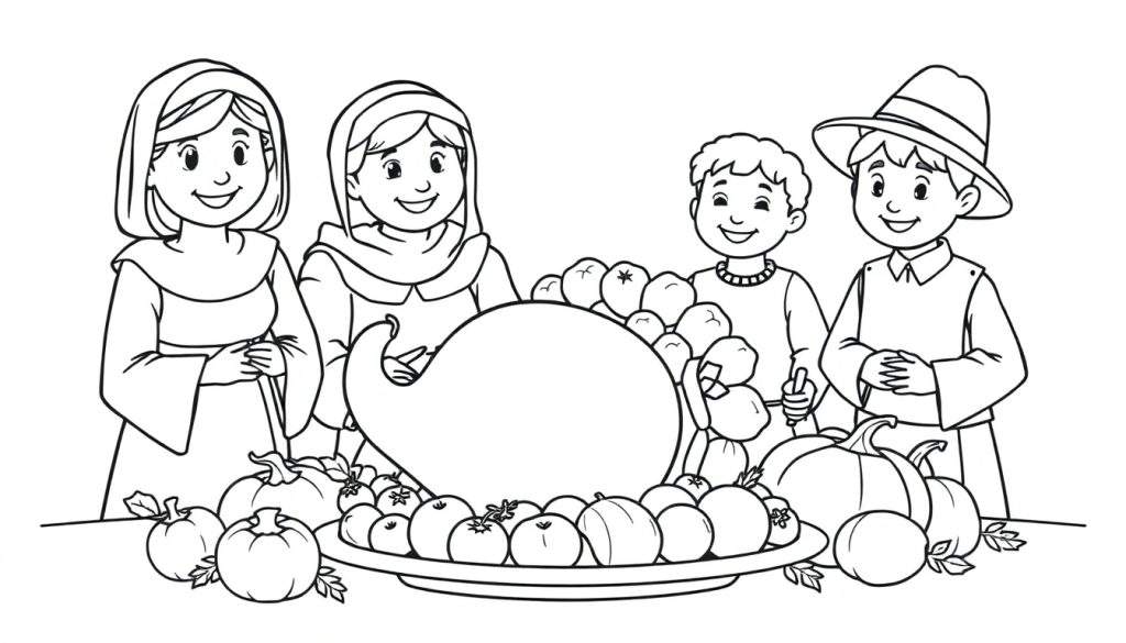 A black and white color panel illustration of a Pilgrim family celebrating Thanksgiving with a bountiful cornucopia.