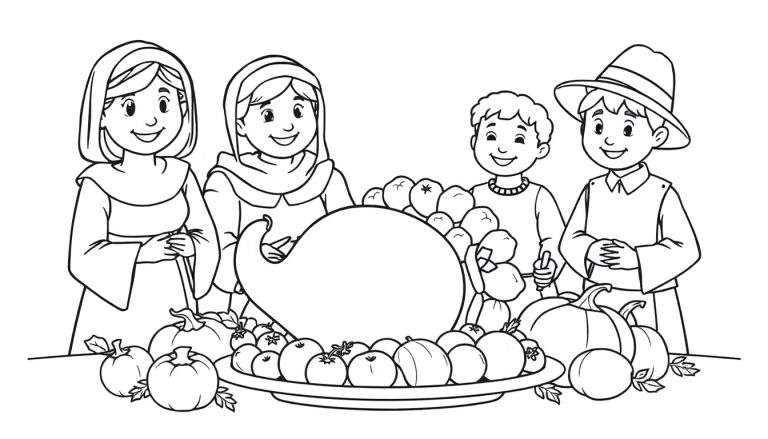 A black and white color panel illustration of a Pilgrim family celebrating Thanksgiving with a bountiful cornucopia.