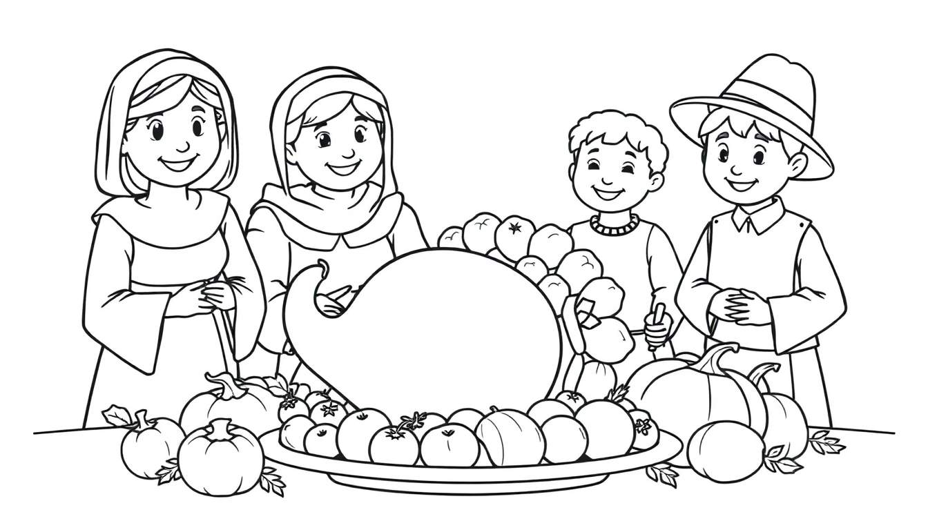 A black and white color panel illustration of a Pilgrim family celebrating Thanksgiving with a bountiful cornucopia.