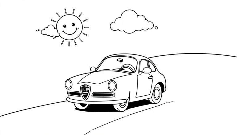 A black and white cartoon of a cute Alfa Romeo driving on a winding road under a smiling sun and clouds, a fun color panel for kids.