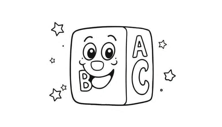 A friendly ABC block coloring panel with letters A, B, and C and a happy face.