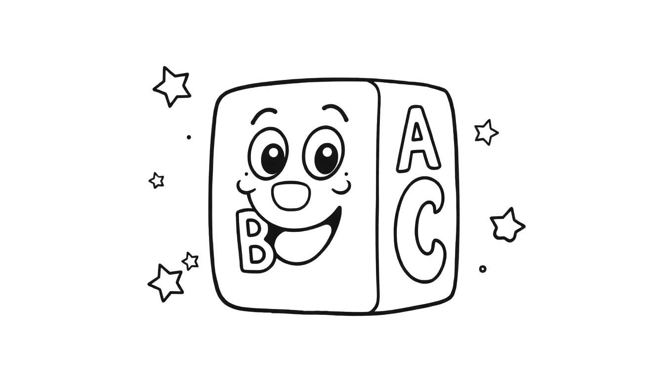 A friendly ABC block coloring panel with letters A, B, and C and a happy face.