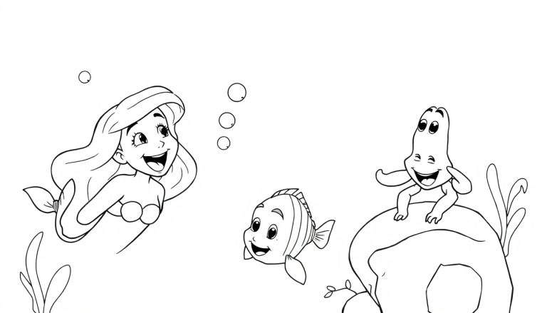 Ariel singing with Flounder and Sebastian, black and white coloring panel for kids.