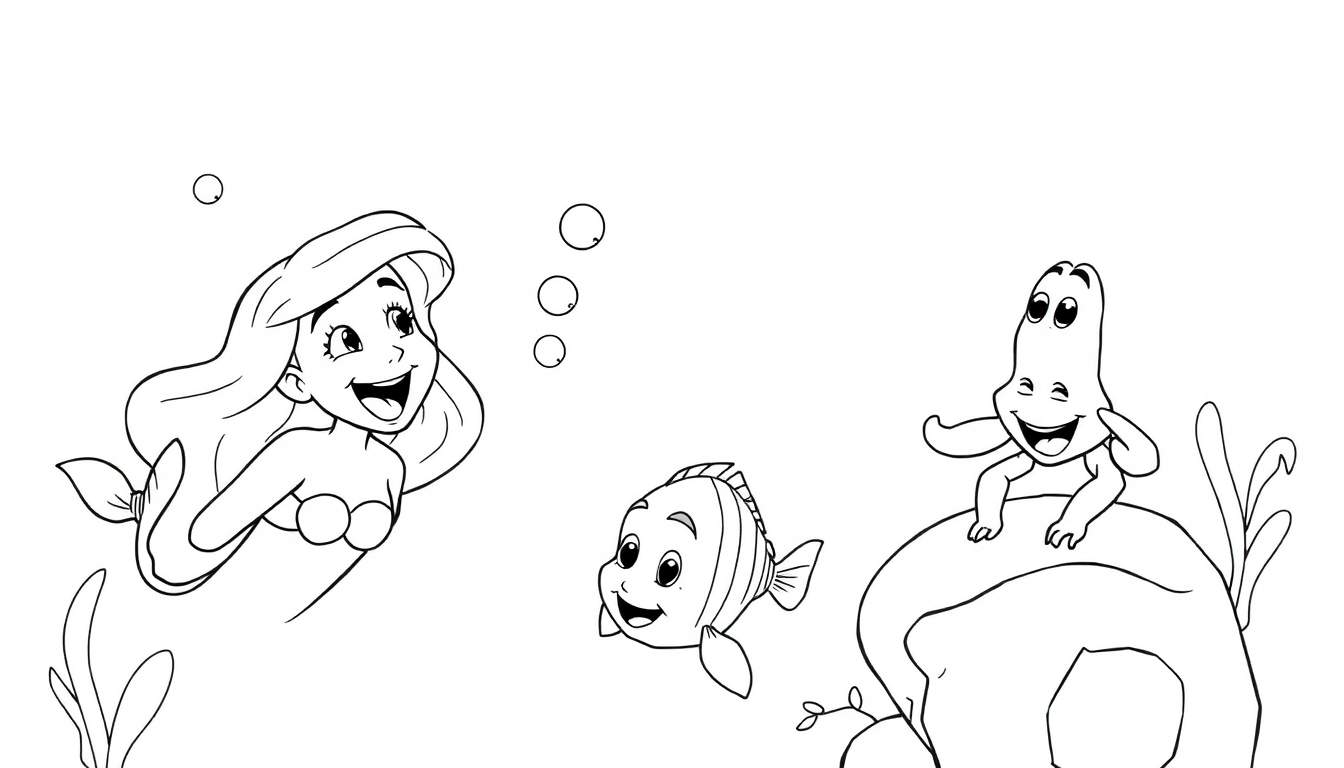 Ariel singing with Flounder and Sebastian, black and white coloring panel for kids.