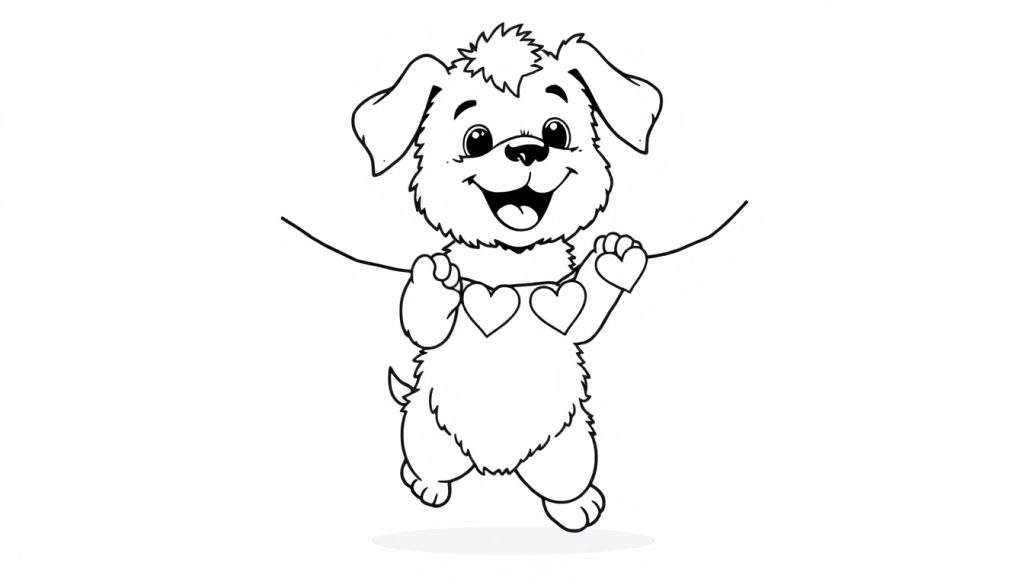 A black and white cartoon puppy in a color panel standing on its hind legs and holding a string of hearts.