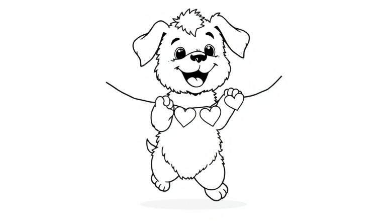 A black and white cartoon puppy in a color panel standing on its hind legs and holding a string of hearts.