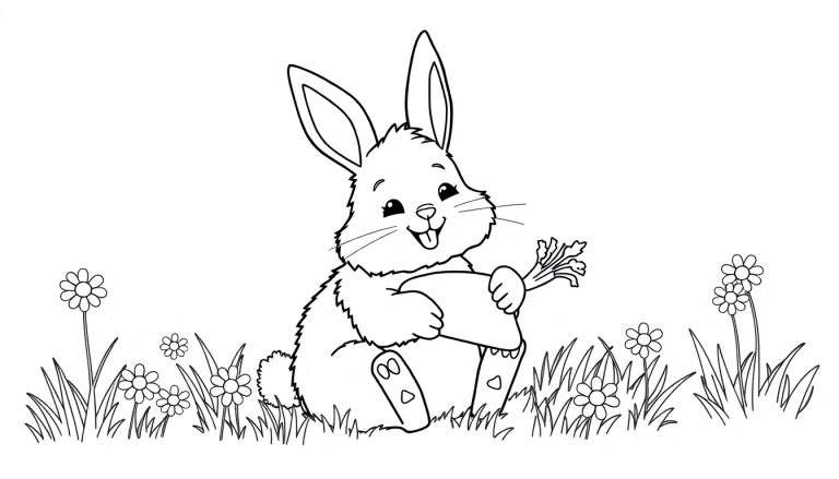 A cute bunny in a color panel, holding a carrot.