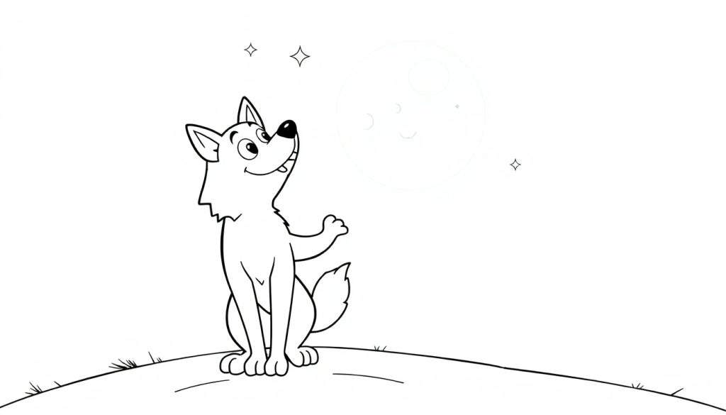 A friendly black and white cartoon wolf sits on a hill, paws raised, looking up at a big, faint moon, with two stars nearby. This is a charming color panel for kids.