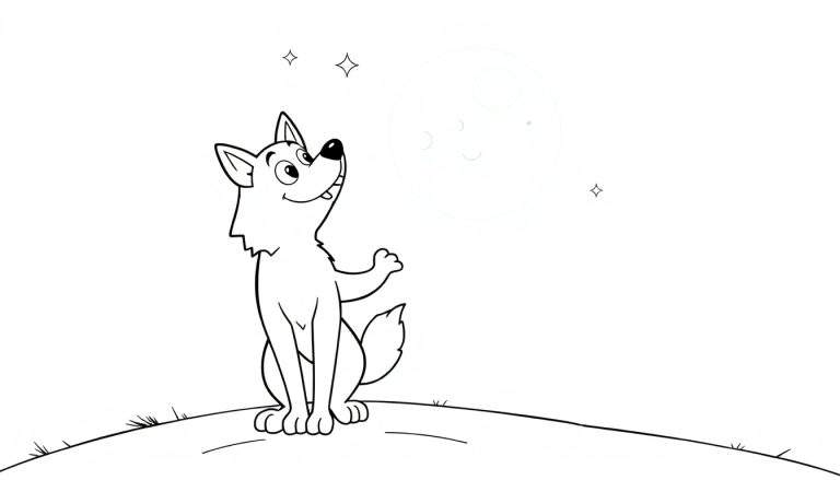 A friendly black and white cartoon wolf sits on a hill, paws raised, looking up at a big, faint moon, with two stars nearby. This is a charming color panel for kids.