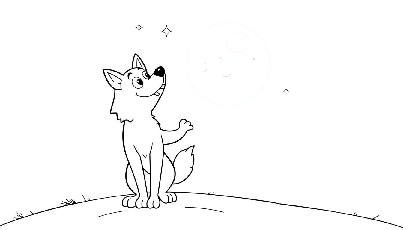 A friendly black and white cartoon wolf sits on a hill, paws raised, looking up at a big, faint moon, with two stars nearby. This is a charming color panel for kids.