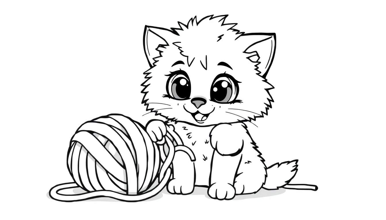 A black and white cartoon drawing of a fluffy kitten with big eyes playing with a ball of yarn.