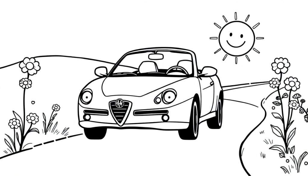 A cute Alfa Romeo convertible in a black and white color panel, ready for coloring, with a smiling sun and flowers.