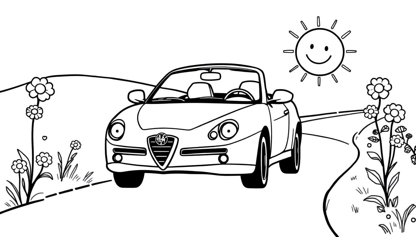 A cute Alfa Romeo convertible in a black and white color panel, ready for coloring, with a smiling sun and flowers.