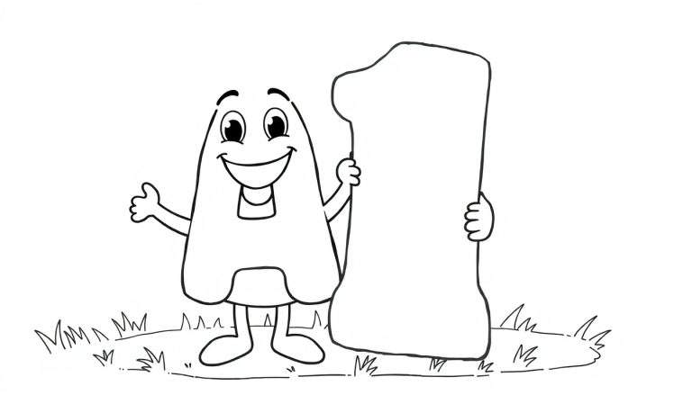 A smiling cartoon letter 'A' holding a blocky number '1' with one hand and giving a thumbs-up with the other, on a grassy patch. Black and white color panel.