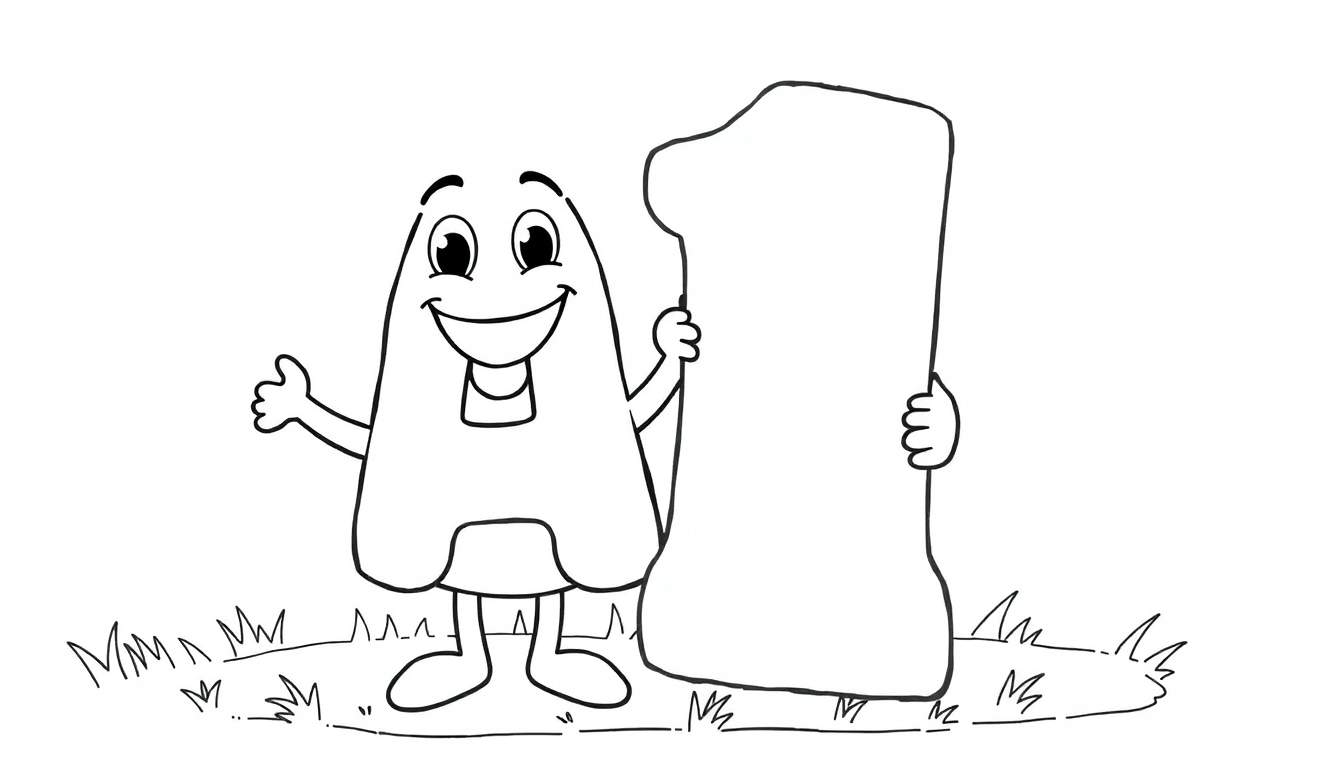 A smiling cartoon letter 'A' holding a blocky number '1' with one hand and giving a thumbs-up with the other, on a grassy patch. Black and white color panel.