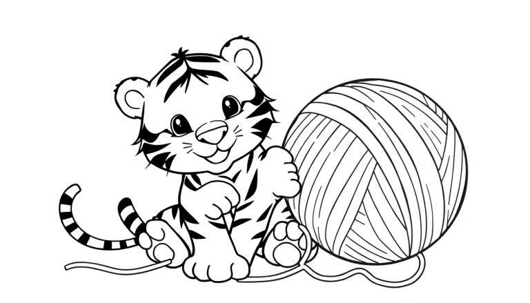A cute baby tiger coloring panel playing with a ball of yarn.