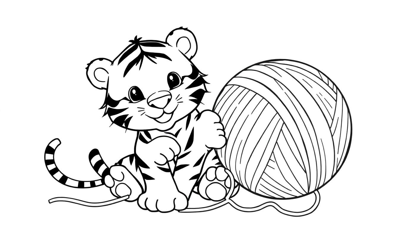 A cute baby tiger coloring panel playing with a ball of yarn.