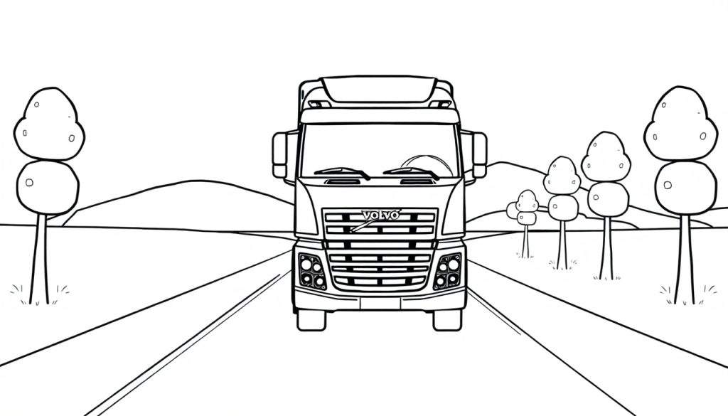 A black and white drawing of a friendly Volvo truck on a road, with cartoon trees and mountains, ready for a color panel.