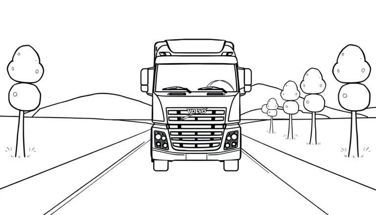 A black and white drawing of a friendly Volvo truck on a road, with cartoon trees and mountains, ready for a color panel.