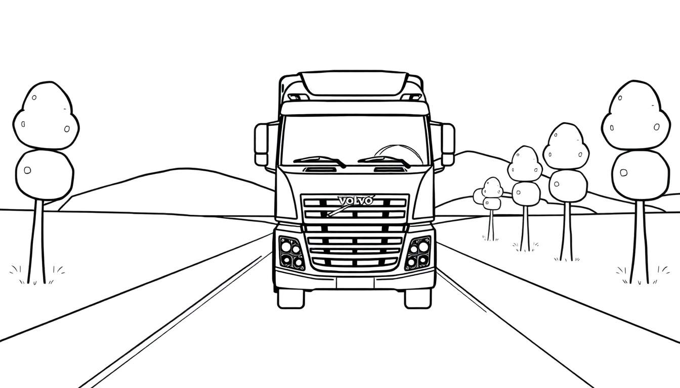 A black and white drawing of a friendly Volvo truck on a road, with cartoon trees and mountains, ready for a color panel.