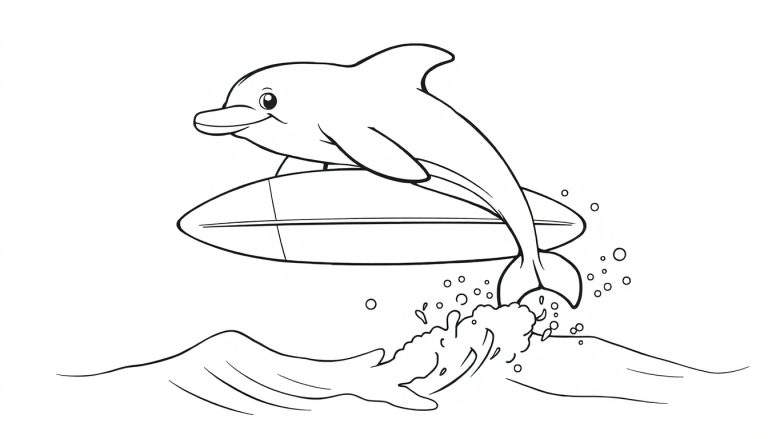 A happy dolphin surfing on a surfboard, ready for coloring. This is a fun color panel!