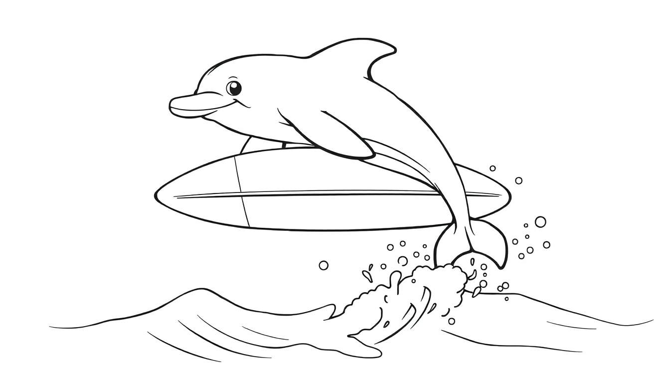 A happy dolphin surfing on a surfboard, ready for coloring. This is a fun color panel!