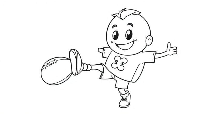 A black and white color panel illustration of a happy boy with short hair, wearing a t-shirt, shorts, and sneakers, giving a thumbs-up while kicking a football with his left foot.