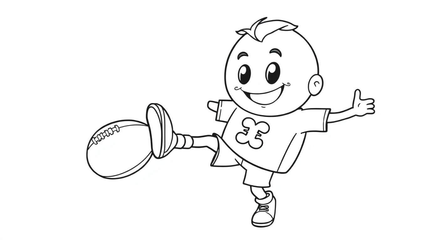 A black and white color panel illustration of a happy boy with short hair, wearing a t-shirt, shorts, and sneakers, giving a thumbs-up while kicking a football with his left foot.