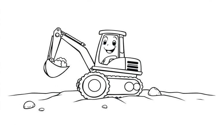 Friendly excavator in a color panel, ready for coloring.