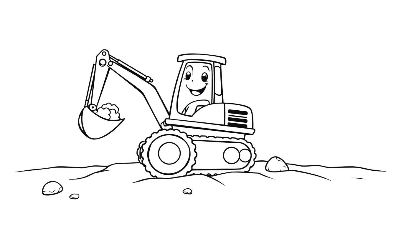 Friendly excavator in a color panel, ready for coloring.