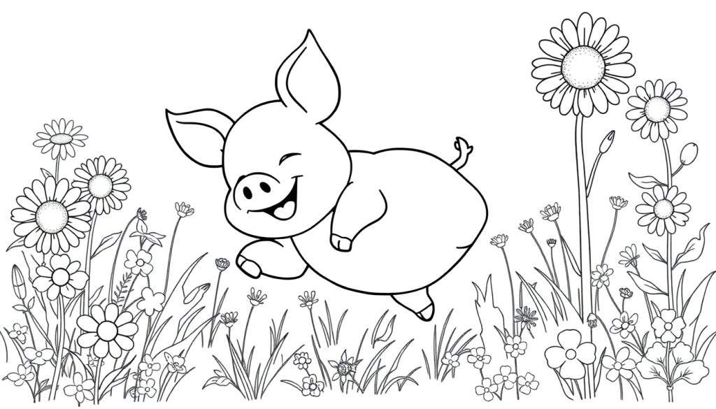 A happy pig jumping in a field of flowers, a color panel for a coloring book.