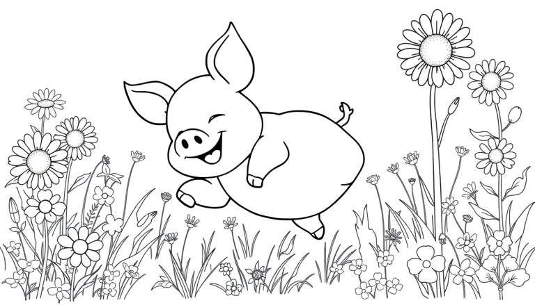 A happy pig jumping in a field of flowers, a color panel for a coloring book.