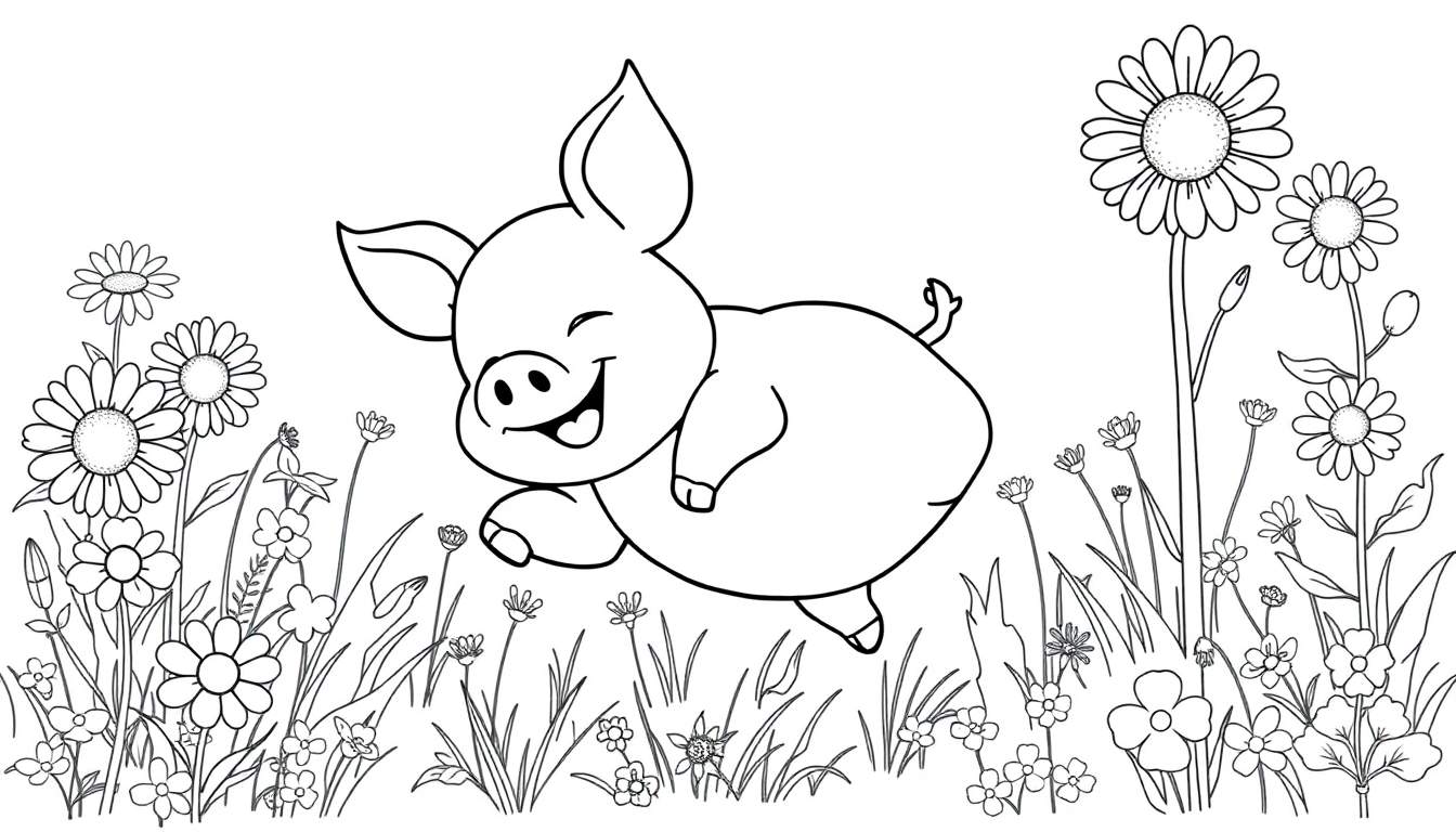 A happy pig jumping in a field of flowers, a color panel for a coloring book.