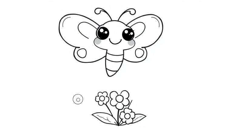 A cute cartoon butterfly above flowers, a coloring panel.