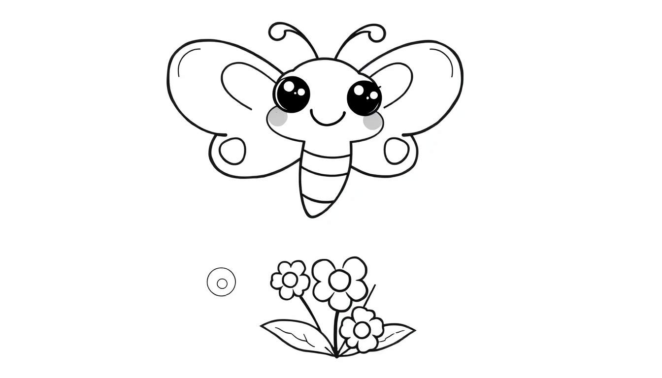 A cute cartoon butterfly above flowers, a coloring panel.