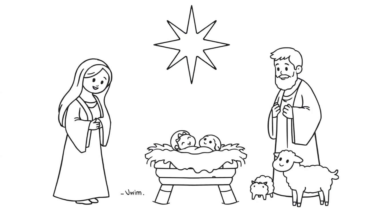 A sweet black and white nativity scene color panel, with Baby Jesus in the manger, Mary and Joseph nearby, and a star above.