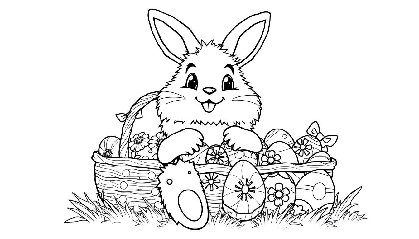 A black and white line drawing of a happy bunny with a basket full of decorated Easter eggs and a small chick.