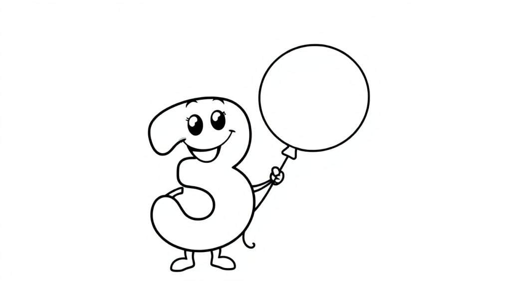 A friendly number 3 cartoon character, in a black and white color panel, holding a balloon.