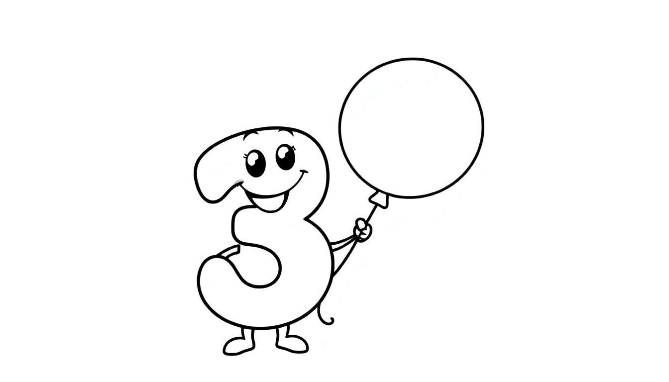 A friendly number 3 cartoon character, in a black and white color panel, holding a balloon.
