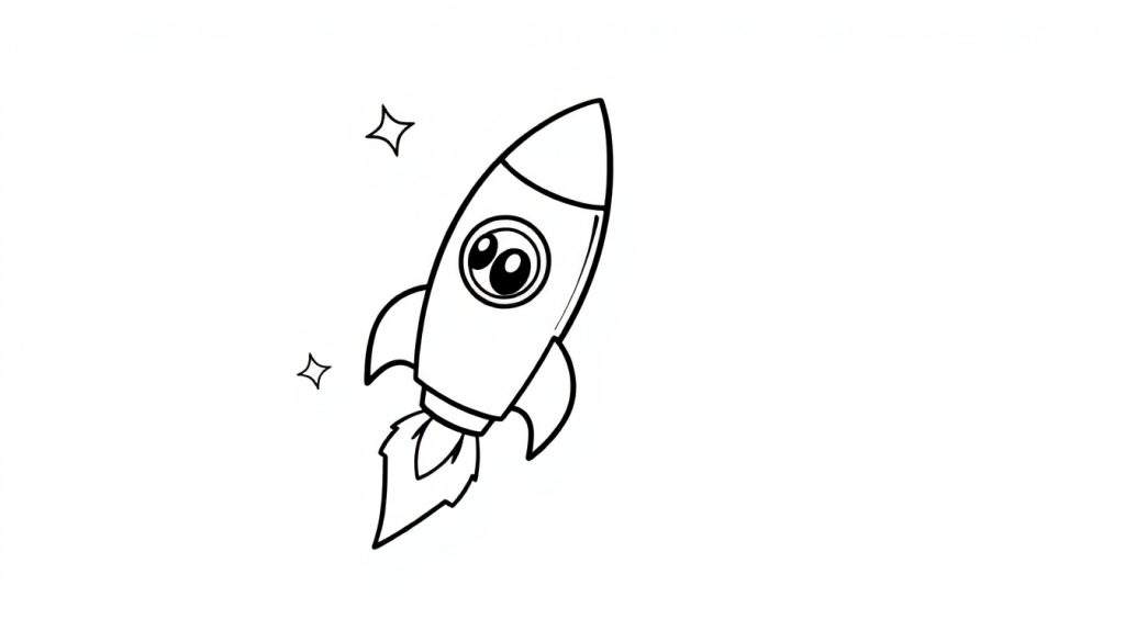 A happy cartoon rocket with big eyes, fins, and flames, ready for adventure on a black and white color panel.