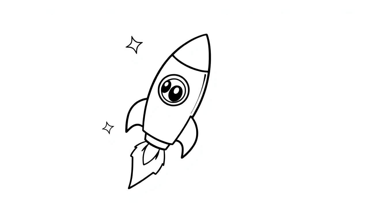 A happy cartoon rocket with big eyes, fins, and flames, ready for adventure on a black and white color panel.