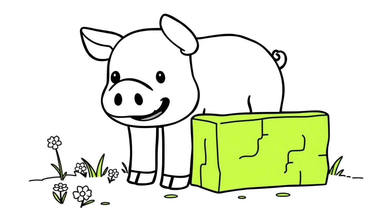 A cute Minecraft pig ready for coloring on a color panel, next to a green block.