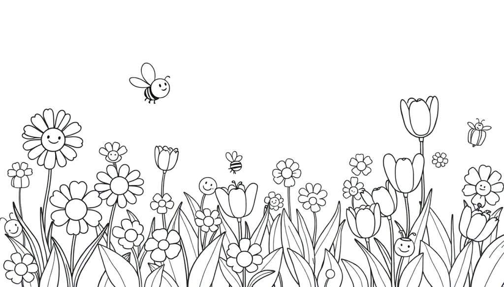 A cute black and white coloring page color panel of a field full of smiling flowers with happy bees buzzing around them.
